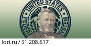 Engraving, portrait of Grant against background of round bank federal seal. American wide financial illustration. Poster of United States of America. Стоковая иллюстрация, иллюстратор GAlexS / Фотобанк Лори