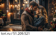 Romantic Couple Embracing Under Festive Lights in Winter. Generative AI. Стоковое AI-изображение, AI-художник Roman Zavorotny / Фотобанк Лори