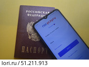 Паспорт и госуслуги. Паспорт и телефон с приложением госуслуги. Редакционное фото, фотограф Наталья Игумнова / Фотобанк Лори