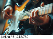 Musician Plays Electric Guitar With Passion in Vibrant Atmosphere During Evening Performance. Стоковое AI-изображение, AI-художник Юлия Гапеенко / Фотобанк Лори