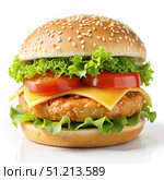 A Juicy Chicken Cheeseburger With Lettuce and Tomato. Generative AI. Стоковое AI-изображение, AI-художник Roman Zavorotny / Фотобанк Лори