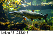 Underwater view of a large predatory fish swimming through clear river waters representing biodiversity ecological balance and the importance of freshwater conservation. Стоковое AI-изображение, AI-художник Ольга Сухарева / Фотобанк Лори
