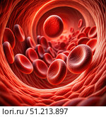 Red Blood Cells Flowing Through A Blood Vessel. Generative AI. Стоковое AI-изображение, AI-художник Roman Zavorotny / Фотобанк Лори