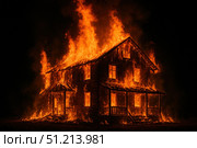 A Dramatic Scene of a House Engulfed in Flames, Highlighting the Intensity and Ferocity of Fire as it Consumes the Structure in a Darkened Environment. Стоковое AI-изображение, AI-художник Башкирова Анна / Фотобанк Лори