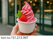 Delicious Strawberry Soft Serve in a White Cup Perfect for Summer Treats and Refreshing Dessert Experiences. Стоковое AI-изображение, AI-художник Башкирова Анна / Фотобанк Лори