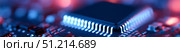 A close-up view of a microchip on a printed circuit board, illuminated by vibrant blue and red lighting. The macro perspective showcases the intricate structure and connectivity of the chip, emphasizing its precision and complexity. This scene evokes themes of modern technology, innovation, and the digital age. The lighting enhances the futuristic and high-tech mood, making the image ideal for illustrating concepts in computing, electronics manufacturing, AI development, or hardware engineering. The focus on the microchip’s pins and board layout conveys cutting-edge design and performance. Стоковое AI-изображение, AI-художник Ксения Чунаева / Фотобанк Лори