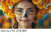 A young woman dons a striking floral headdress and beautifully detailed face paint, embodying the spirit of Day of the Dead celebrations. Стоковое AI-видео, аниматор Данила Большаков / Фотобанк Лори