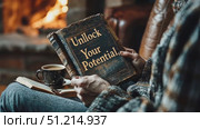 A person holds an inspiring book titled Unlock Your Potential while seated comfortably next to a crackling fire, savoring a warm beverage. Стоковое AI-видео, аниматор Данила Большаков / Фотобанк Лори