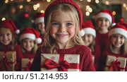 A cheerful girl celebrates the holiday season, holding a beautifully wrapped present, while her friends in Santa hats pose in the background. Стоковое AI-видео, аниматор Данила Большаков / Фотобанк Лори