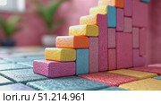 A vibrant arrangement of colorful building blocks forms a playful staircase, sparking creativity in an inviting indoor environment for children. Стоковое AI-видео, аниматор Данила Большаков / Фотобанк Лори