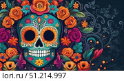 Vibrant sugar skull with flowers symbolizing Dia de los Muertos celebration and artistic cultural heritage in Mexico with colorful floral design reflecting tradition. Стоковое AI-изображение, AI-художник Igor Tichonow / Фотобанк Лори
