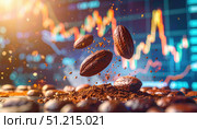Cocoa beans and powder with financial graph symbolizing global commodity market chocolate industry investment trade price fluctuation trend. Стоковое AI-изображение, AI-художник Igor Tichonow / Фотобанк Лори