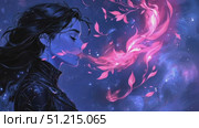 A captivating depiction of a woman in profile, surrounded by enchanting pink leaves and cosmic imagery, creating a mystical ambiance. Стоковое AI-видео, аниматор Данила Большаков / Фотобанк Лори