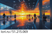 A diverse group of business professionals engages in networking as the sun sets, casting a warm glow through the sleek office space. Стоковое AI-видео, аниматор Данила Большаков / Фотобанк Лори