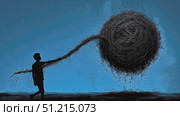A child stands alone holding a long thread attached to a large ball made of tangled string, set against a serene twilight background. Стоковое AI-видео, аниматор Данила Большаков / Фотобанк Лори