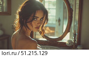 A woman gazes thoughtfully into a beautifully framed mirror, illuminated by soft sunlight in a stylish bathroom. Стоковое AI-видео, аниматор Данила Большаков / Фотобанк Лори