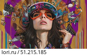 A woman dons colorful goggles and a vibrant outfit, exuding creativity surrounded by abstract patterns and striking visual elements. Стоковое AI-видео, аниматор Данила Большаков / Фотобанк Лори