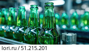 Beer Bottling plant. Green Beer Bottles in rows. Bottling process in modern factory. Capped Glass Beer Bottles ready for distribution in a brewery. Manufacturing. Production of beer in a glass bottle. Стоковое AI-изображение, AI-художник Марина Демидюк / Фотобанк Лори
