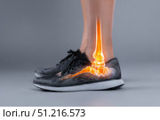 Leg with ankle joint pain icon. Foot wearing running shoes showing the bones in the ankle area. Grey floor. Feet with red effect of painful injury problems. Legs with anatomical detail glowing orange. Стоковое AI-изображение, AI-художник Марина Демидюк / Фотобанк Лори