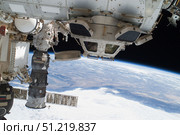 Components of the International Space Station above the Pacific Ocean. Stocktrek Images, Inc./TASS. Стоковое фото, агентство ТАСС / Фотобанк Лори