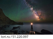 A man stands on the shore of the Black Sea at night under Milky Way. Yuri Zvezdny/Stocktrek Images/TASS. Стоковое фото, агентство ТАСС / Фотобанк Лори