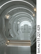 Stark white spaceship corridor ascending, bathed in luminescent glow. Sleek sci fi interior revealing minimalist design with smooth curved surfaces. Emanating pristine technological ambiance. Стоковое AI-изображение, AI-художник Юрий Поздников / Фотобанк Лори