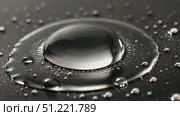 Water droplet clinging reflectively to dark surface, rimmed by liquid ring, tiny satellite droplets surrounding, forming minimalist abstract pattern. Стоковое AI-видео, аниматор Юрий Поздников / Фотобанк Лори