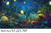 Luminous spheres casting soft light over nocturnal vegetable garden, yellow butterfly hovering near vibrant cabbages, pumpkins under twilight sky's gentle embrace. Стоковое AI-видео, аниматор Юрий Поздников / Фотобанк Лори