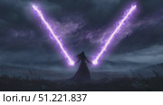 Powerful sorceress channeling purple electric energy beams, forming dramatic v shaped lightning against ominous stormy sky background. Стоковое AI-видео, аниматор Юрий Поздников / Фотобанк Лори