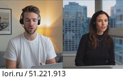 Multiple shots of male and female customer service representatives wearing headsets and working remotely from home, engaging in online communication. Стоковое AI-видео, аниматор Юрий Поздников / Фотобанк Лори