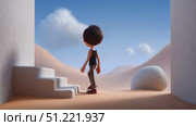 Minimalist 3d rendering depicting young boy climbing stark white stairs through arid desert landscape, representing personal development and ambition. Стоковое AI-видео, аниматор Юрий Поздников / Фотобанк Лори