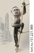 White faced capuchin monkey balancing precariously on wooden stilts, urban sketch background revealing playful surreal imagery. Стоковое AI-видео, аниматор Юрий Поздников / Фотобанк Лори