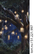 Luminous enchanted tree radiating soft light, dangling glass orbs and wish tags glimmering amid shadowy woodland silence. Стоковое AI-видео, аниматор Юрий Поздников / Фотобанк Лори