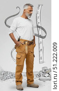 Professional construction worker standing near measuring tape, brick pile, displaying serious demeanor with technical precision against clean white backdrop. Стоковое AI-видео, аниматор Юрий Поздников / Фотобанк Лори