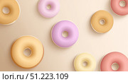 Simplistic design with pastel donuts arranged symmetrically on beige surface. Стоковое AI-изображение, AI-художник ALLA YURTAYEVA / Фотобанк Лори