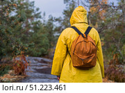 Tourism. Hiking. Ladoga skerries on Lake Ladoga. A male tourist in a yellow raincoat with a backpack on the stone islands in the forest. Republic of Karelia, Russia. Стоковое фото, фотограф Photojuli / Фотобанк Лори