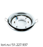 Round light gray metal recessed ceiling light fixture frame for spotlights, displayed in a stretch ceiling and lighting equipment store. Стоковое фото, фотограф Татьяна Терехина / Фотобанк Лори