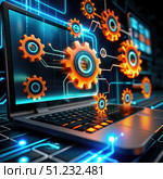 Open Laptop Displaying Software Integration and Enhancement Gears. Generative AI. Стоковое AI-изображение, AI-художник Roman Zavorotny / Фотобанк Лори