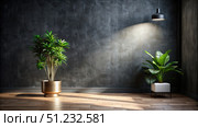 Stylish Dark Room With Plants and Pendant Lighting. Generative AI. Стоковое AI-изображение, AI-художник Roman Zavorotny / Фотобанк Лори