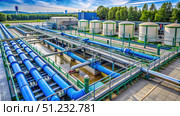 Water Treatment Plant Pipes and Tanks in a Rural Setting. Generative AI. Стоковое AI-изображение, AI-художник Roman Zavorotny / Фотобанк Лори