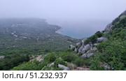 A picturesque view from the Laspi observation deck, located on the southern coast of Crimea. From the heights, a panorama of the coastline stretching into the distance in a light haze opens up. In the foreground, massive rocks, green bushes and mountain grasses are visible. Below, dense forests stretch out, turning into a coastal zone with houses, roads and piers. The sea is calm, bluish-gray, with ships visible on the horizon. The atmosphere is filled with misty softness and a sense of space, and the shooting point itself emphasizes the grandeur of Crimean nature and the harmony of the mountain and sea landscape. Стоковое фото, фотограф Анна Кривицкая / Фотобанк Лори