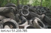 A large collection of old tires accumulates in a wooded area, highlighting the problem of illegal dumping and the persistent issue of waste management in nature. Стоковое видео, видеограф Громов Александр / Фотобанк Лори