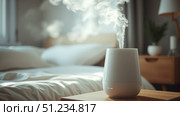 Modern air humidifier on table in bedroom, closeup. Interior design. Стоковое AI-изображение, AI-художник Васильева Юлия / Фотобанк Лори