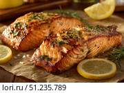 Salmon fillets with herbs, lemon juice, salt, pepper, rosemary, and olive oil on a grilling sheet, against a dark background. Two grilled salmon fillets on parchment paper. Golden-brown texture fish. Стоковое AI-изображение, AI-художник Марина Демидюк / Фотобанк Лори