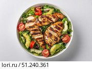 Grilled chicken salad with avocado and tomatoes in a white bowl on a light background, top view, flat lay. Healthy food idea. Concept for healthy eating, weight loss, or body-building advertising. Стоковое AI-изображение, AI-художник Марина Демидюк / Фотобанк Лори