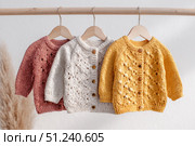 Set of baby cardigan, sweaters, onesies on a light background. Fashion newborn clothes made with organic cotton, wool. Cute knitted kids soft clothing. Infant trendy bodysuit natural warm earthy color. Стоковое AI-изображение, AI-художник Марина Демидюк / Фотобанк Лори