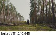 Hiker with Heavy Backpack Walking on Forest Trail in Spring. Стоковое видео, видеограф Dzmitry Astapkovich / Фотобанк Лори