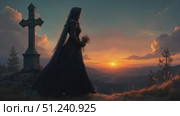Woman in black dress holding flower by grave at sunset. Стоковое AI-видео, аниматор KATERINA AI / Фотобанк Лори