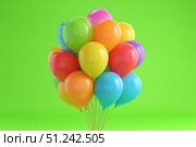 Colorful Balloons flying on green screen. Multi-colored balls move across a green background. Chroma key. Festive decoration. Valentine's Day, Birthday. Party shiny balloons bunch swaying on chromakey. Стоковое AI-изображение, AI-художник Марина Демидюк / Фотобанк Лори