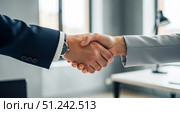 Business handshake between man and woman in office. Successful partnership agreement concept. Closeup of professional people shaking hands for welcome, deal, or greeting. Стоковое AI-изображение, AI-художник Павел Муравьев / Фотобанк Лори